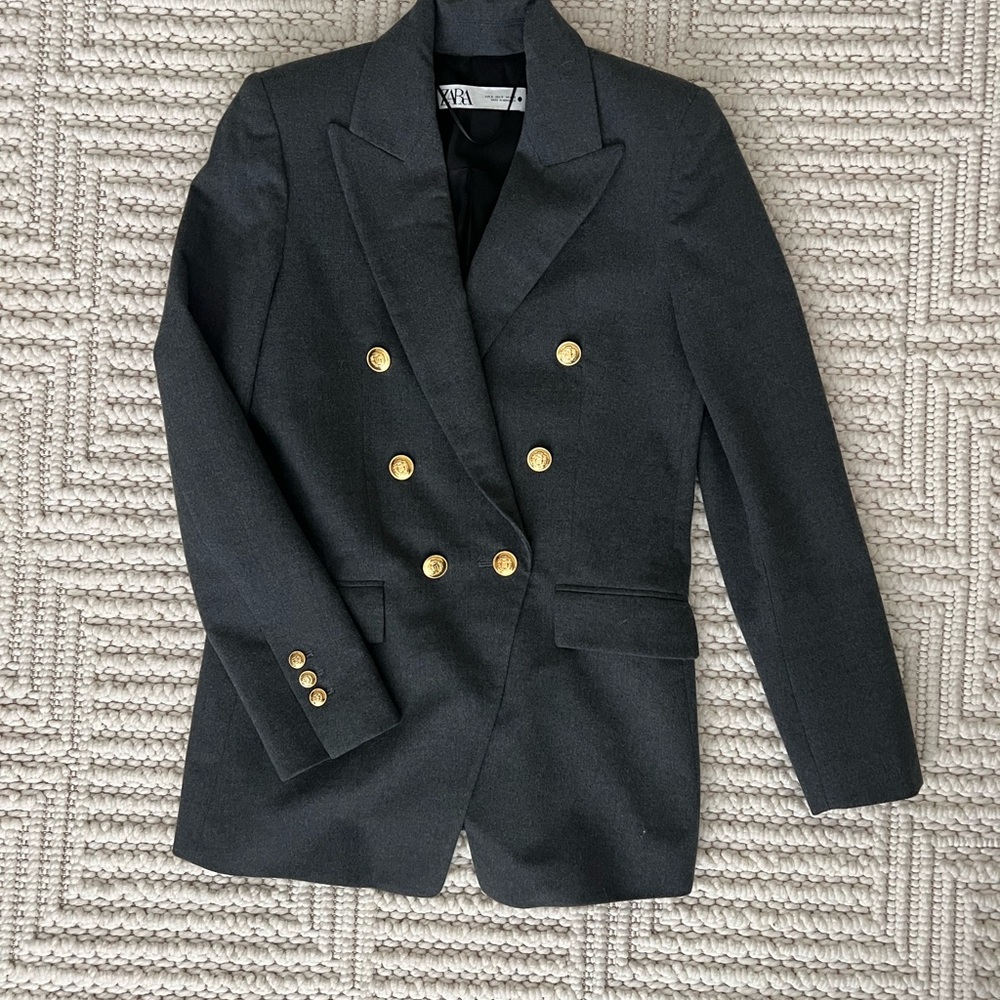 Zara Women's Charcoal Blazer with Gold Buttons